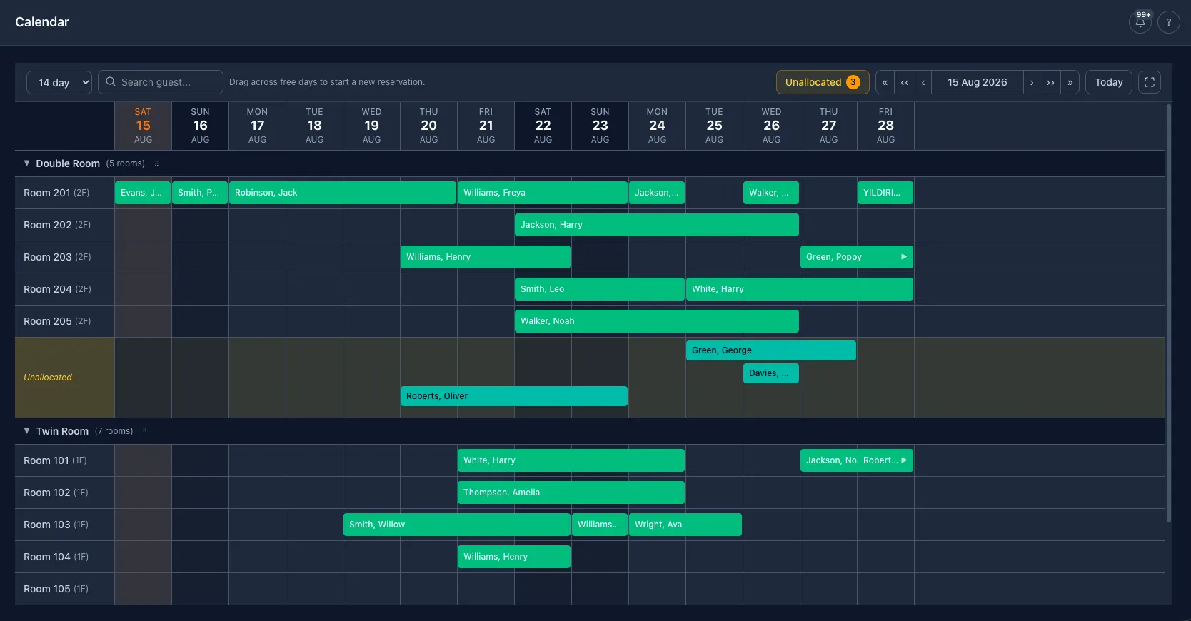 The calendar screen: rooms grouped by room type down the left, one column per night, every reservation a single bar you can drag.